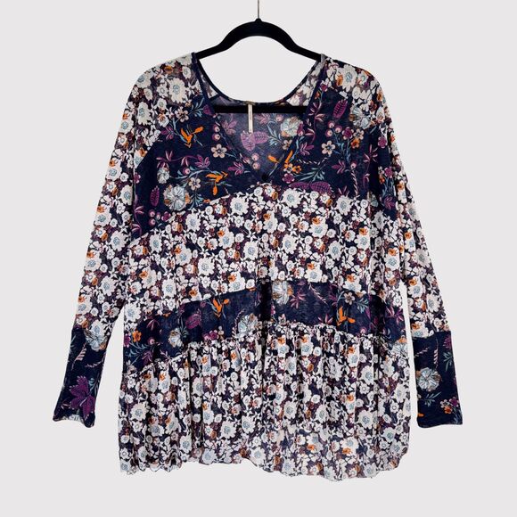 Free People Womens Top Purple Isabelle Tunic V Neck Floral Blouse Flowy Boho XS - Picture 2 of 11